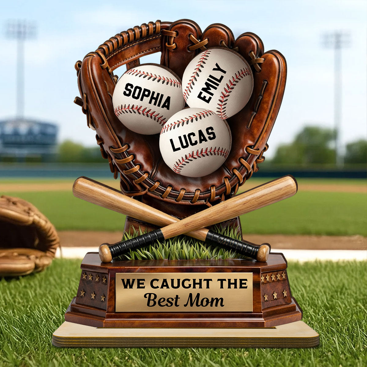 Caught The Best Mom Baseball - Personalized 2-Layered Wooden Plaque - Gift For Baseball Mom