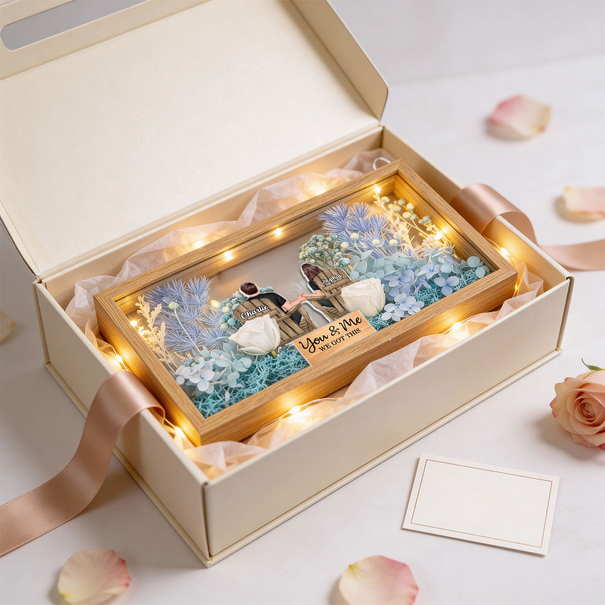 Eternal Love Back View Couple Sitting - Personalized DIY Flower Shadow Box LED Night Light - Gift For Couple, For Him, For Her