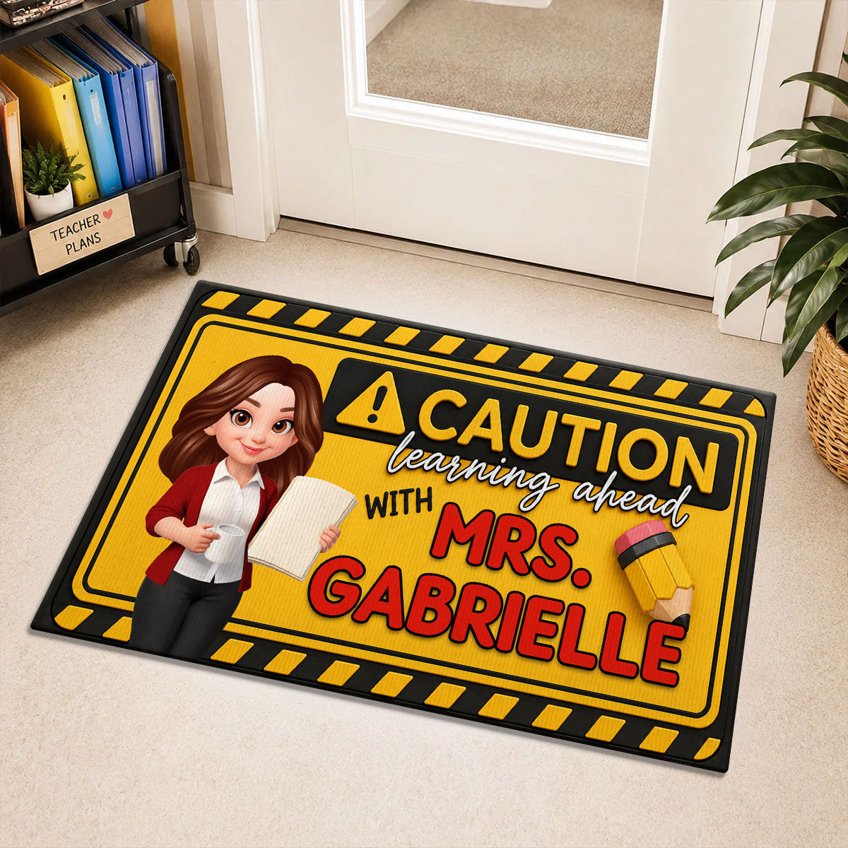 Caution Learning Ahead With Teacher - Personalized Doormat - Back To School Gift For Teachers, Classroom Decors