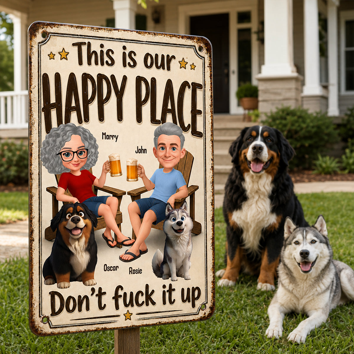 This is Our Happy Place Couple and Dogs - Personalized Metal Sign - Funny Vintage Sign for Couple