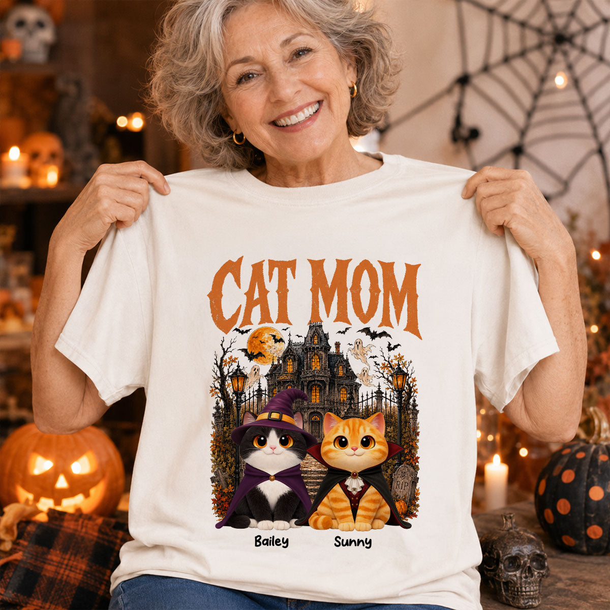 Retro Vintage Halloween Haunted House Cat Mom - Personalized Shirt - Halloween Gift For Cat Lovers
