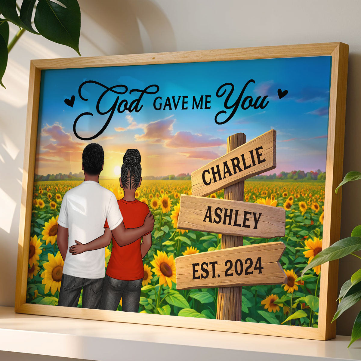 Everlasting Love Back View Couple Sunflower Field Sign Posts - Personalized Poster - Valentine's Day Gift For Couple