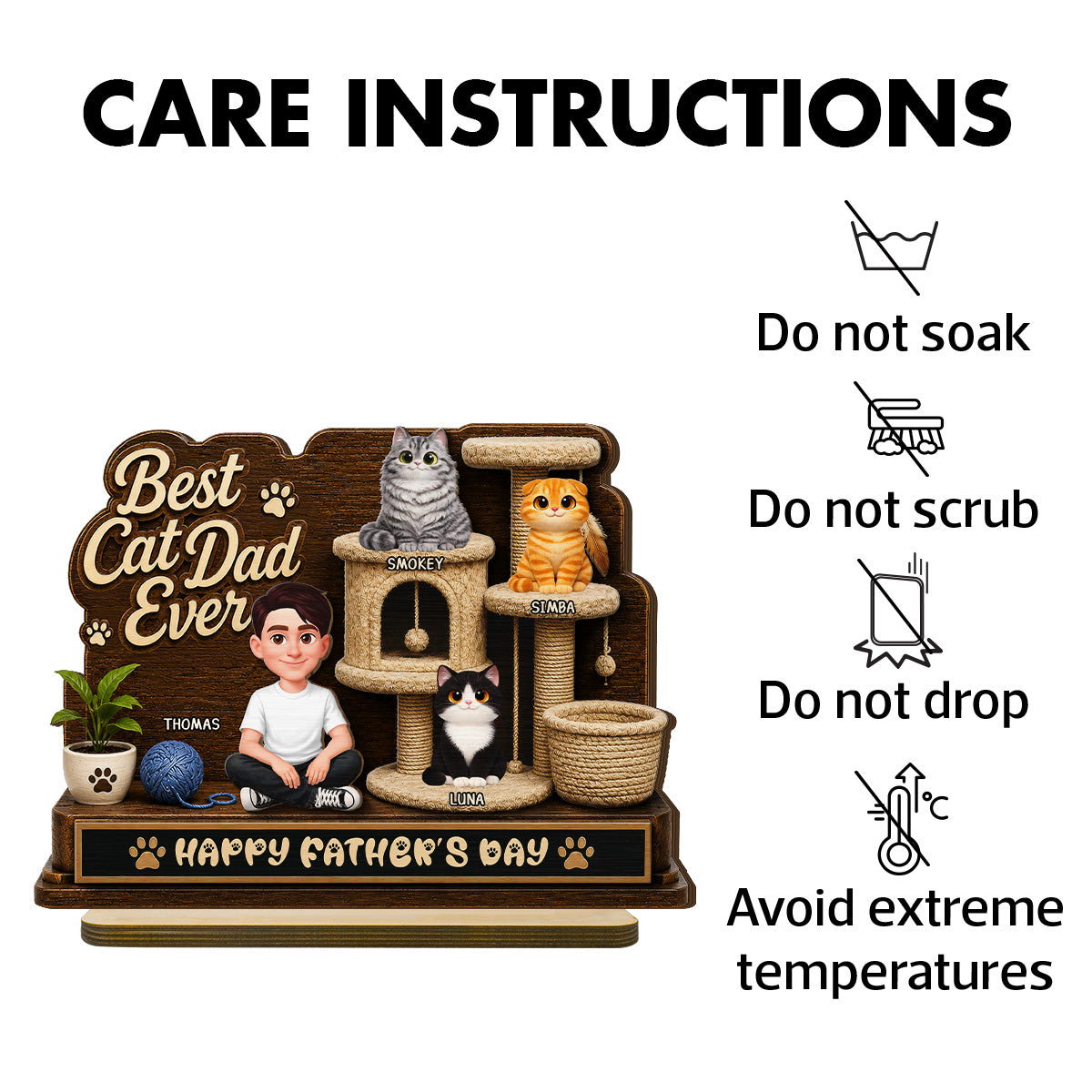 Best Cat Dad Ever Man Sitting Cute Cats On Cat Tree 2D Flat - Personalized 2-Layered Wooden Plaque -  Gift For Cat Dad