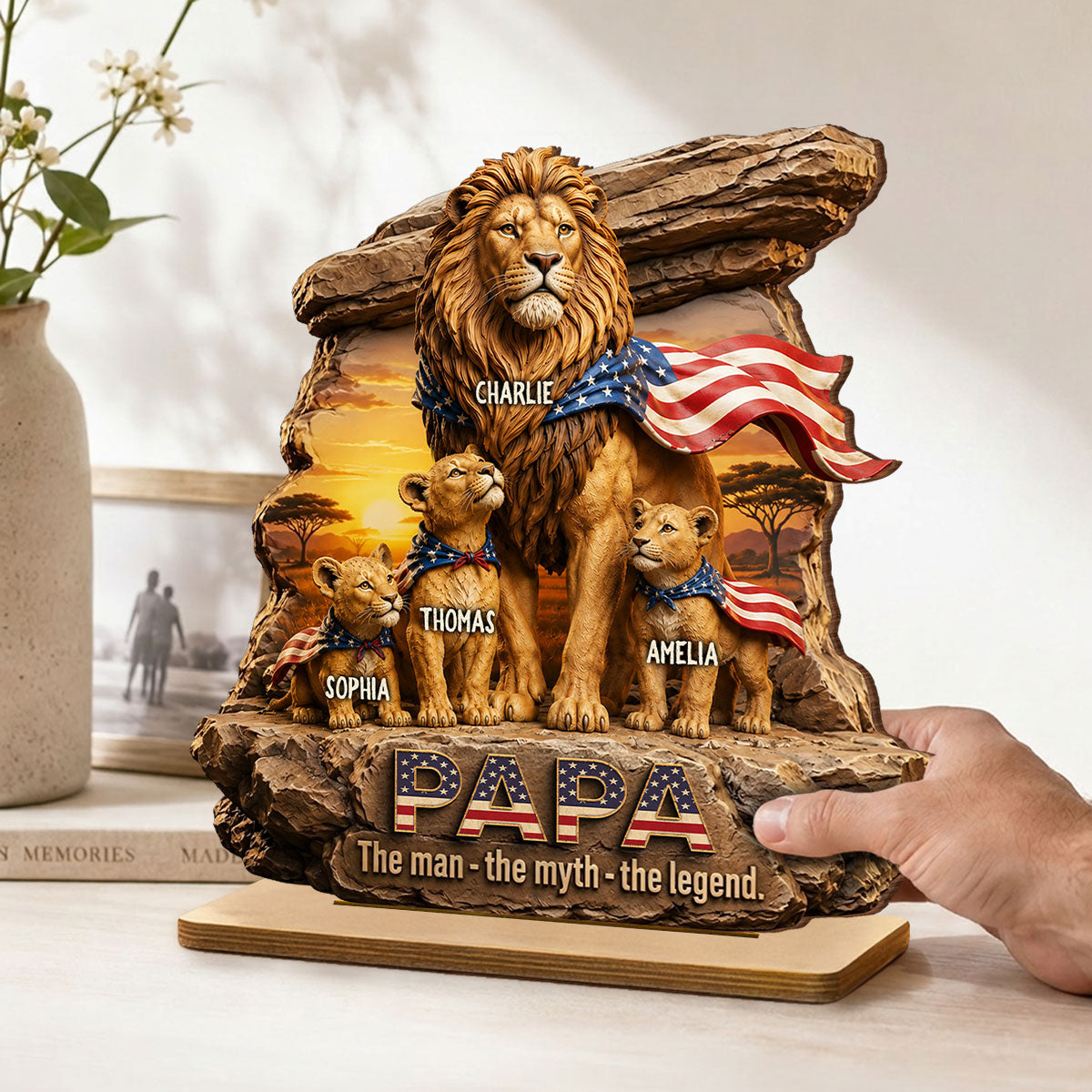 Lion Dad Papa the Legend - Personalized 2-Layered Wooden Plaque -  Gift for Dad, Husband