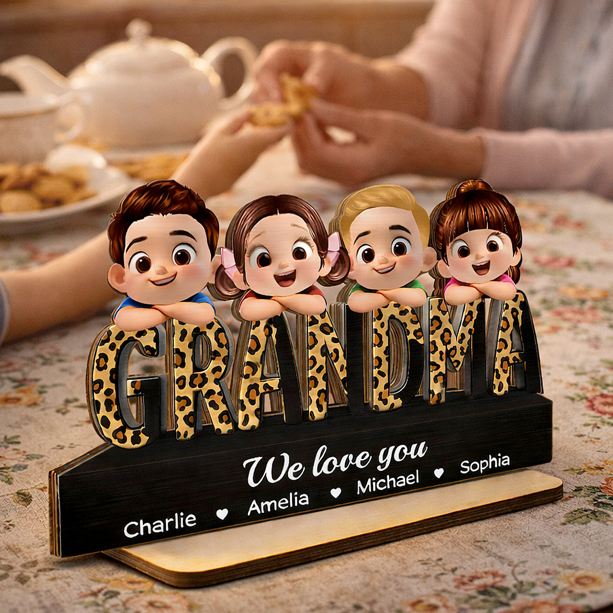 Grandma We Love You Leopard Pattern - Personalized 2-Layered Wooden Plaque - Heartfelt Gift for Grandma