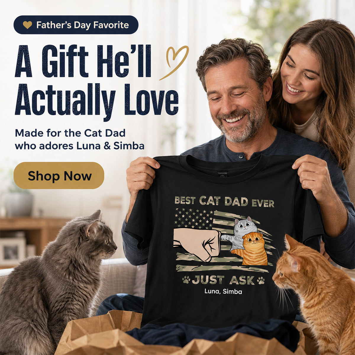 Best Cat Dad Ever Nation Flag - Personalized Shirt - Father's Day Gift For Cat Dad, Patriotic 4th Of July Gift, USA 250th Anniversary