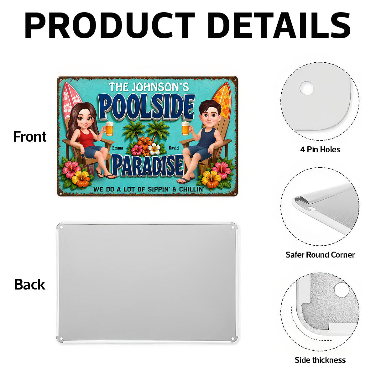 Poolside Paraside Sippin' & Chillin' - Personalized Metal Sign - Gift For Couple, Summer Decorations