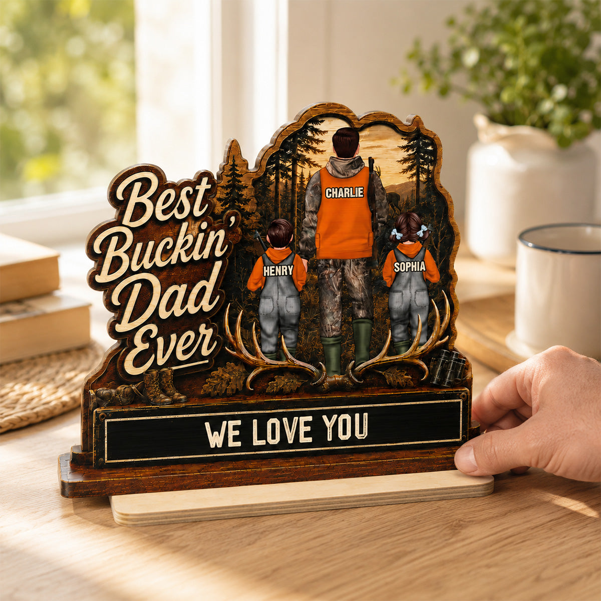 Best Buckin' Dad Papa Ever Hunting Man & Kids 2D Flat - Personalized 2-Layered Wooden Plaque -  Gift For Hunting Dad, Grandpa