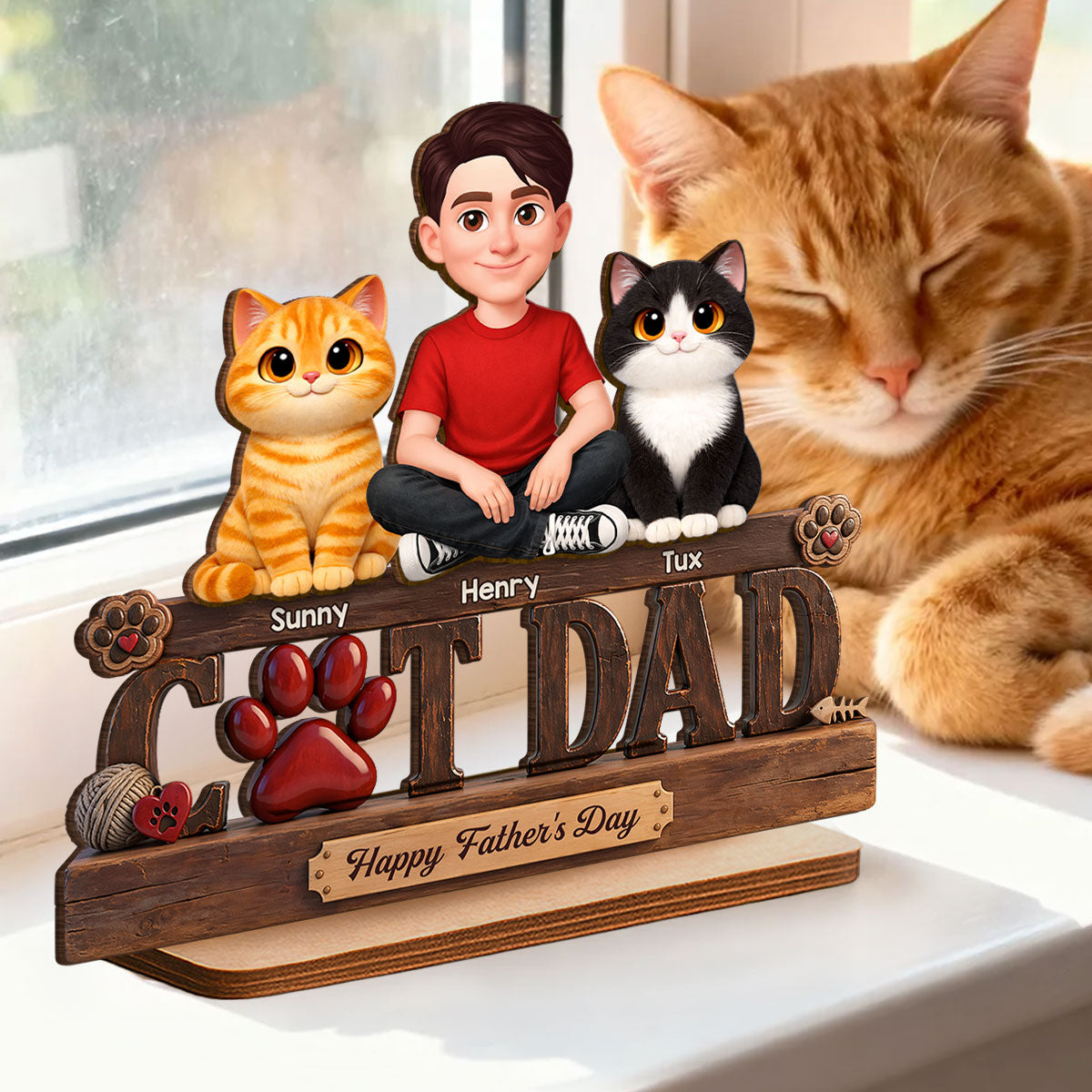 Best Cat Dad Happy  - Personalized 2-Layered Wooden Plaque -  Gift For Cat Dad, Cat Lovers