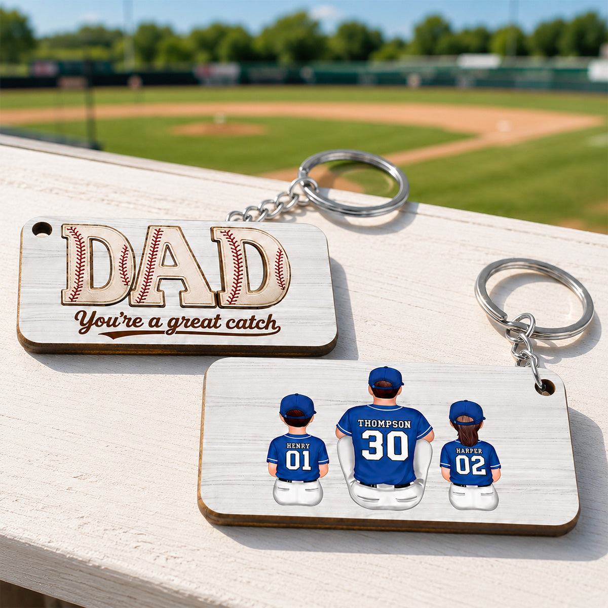 Dad We Love You Baseball Man & Kids Sitting - Personalized Wooden Keychain - Father's Day Gift For Basketball Dad