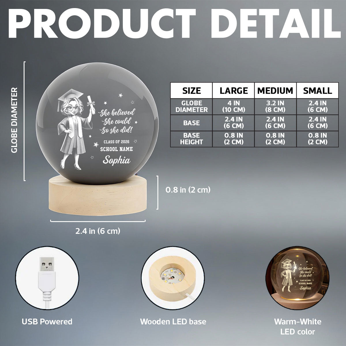 Senior She Believed She Could So She Did It- Personalized Crystal Ball LED Night Light - Graduation Gift For Graduates, Daughter, Son