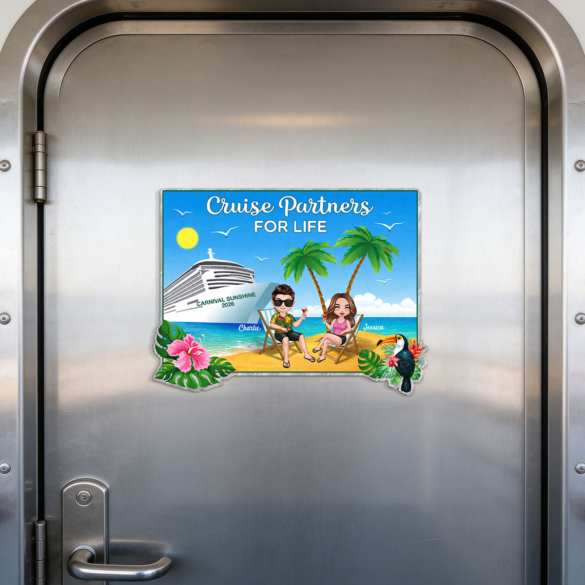We're In Cruise Mode Doll Couple Sitting On The Beach - Personalized Cruise Ship Door Magnet