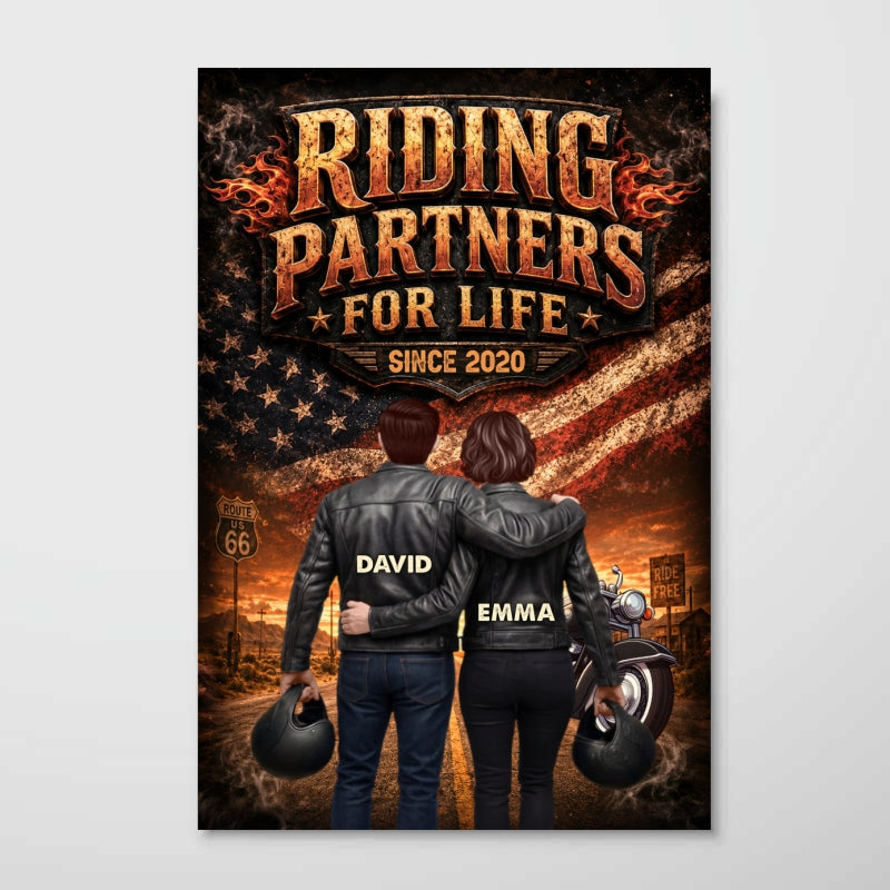 Bikers Couple Riding Partners for Life Nation Flag - Personalized Poster - Heartfelt Gift for Him, for Her