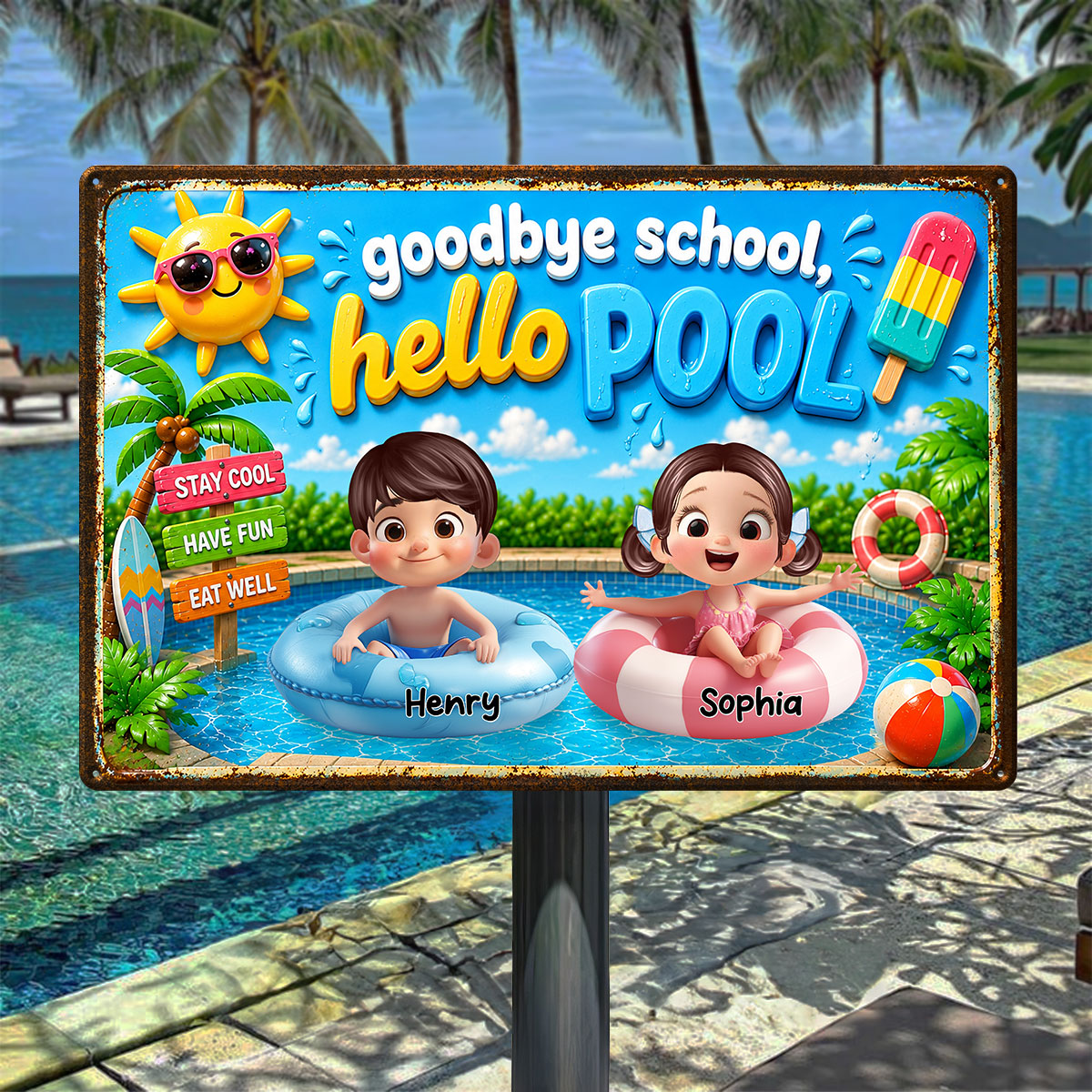 Goodbye School Hello Summer - Personalized Metal Sign - Summer Decorations