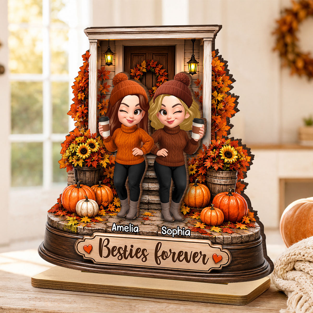 Besties Forever Front Porch Memories - Personalized 2-Layered Wooden Plaque - Fall Season Gift For Besties