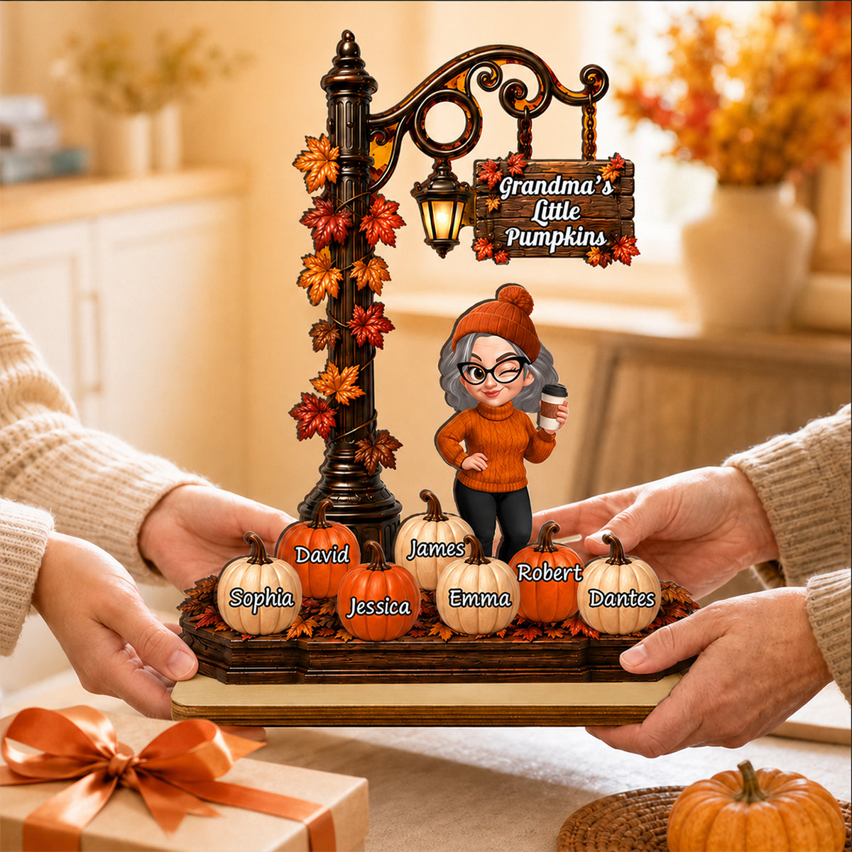 Grandma's Little Pumpkins Lamp Post - Personalized 2-Layered Wooden Plaque - Fall Season Decor Gift, Gift For Grandma
