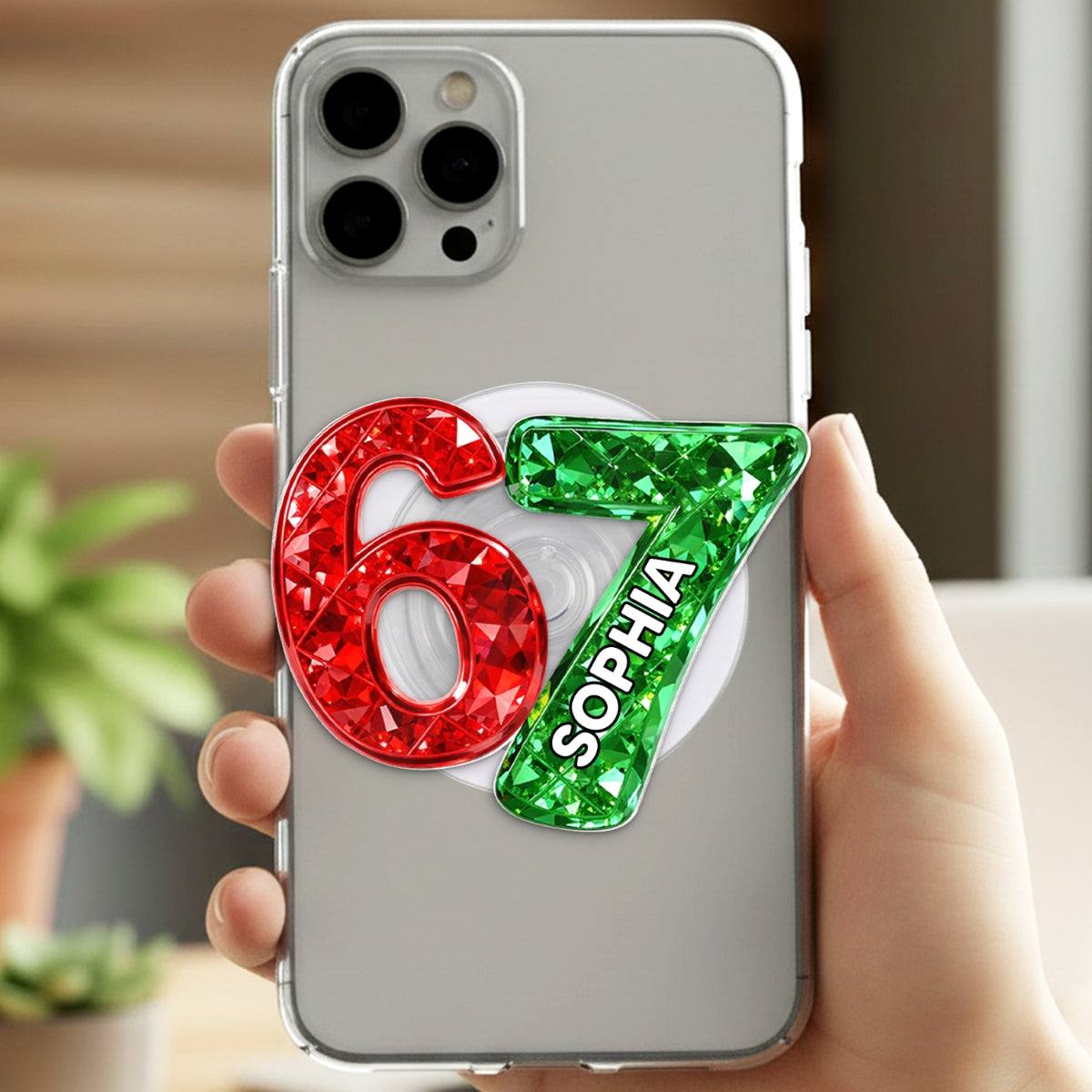 Custom Six Seven 3D Crystal Effect - Personalized Acrylic Magnetic Phone Grip - Teen Slang Funny Tree Decor, Funny Teen Grandkid Gift