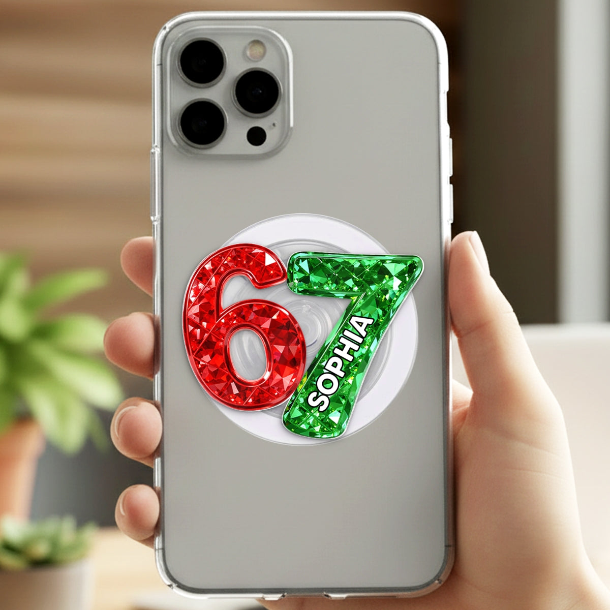 Custom Six Seven 3D Crystal Effect - Personalized Acrylic Magnetic Phone Grip - Teen Slang Funny Tree Decor, Funny Teen Grandkid Gift