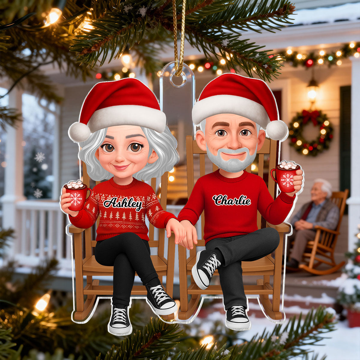 3D Effect Christmas Couple Sitting On Rocking Chair - Personalized Acrylic Ornament - Heartfelt Gift For Couple