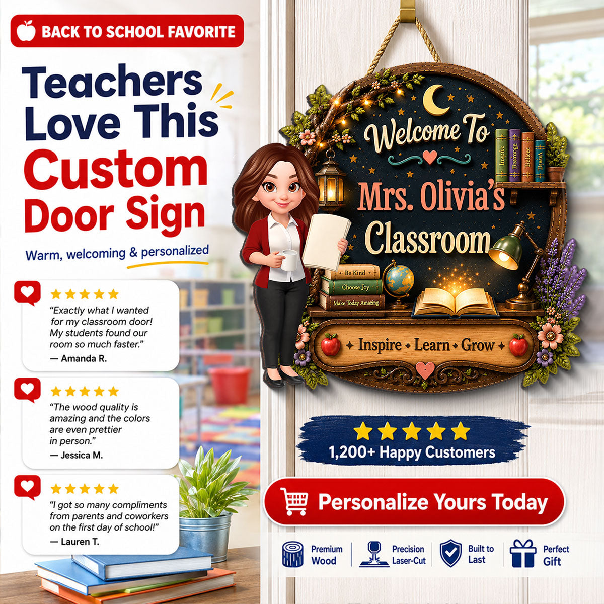 Inspire Grow Learn Fantasy Teacher - Personalized Wood Sign - Back To School Gift For Teacher, Classroom Decor