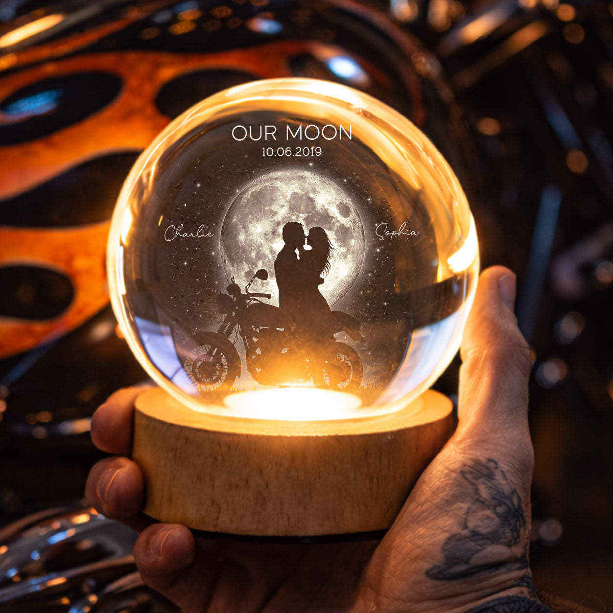 Biker Couple in the Moonlight, Custom Moon Phase by Date - Personalized Crystal Ball LED Night Light - Heartfelt Valentine's Day Gift for Her, for Him