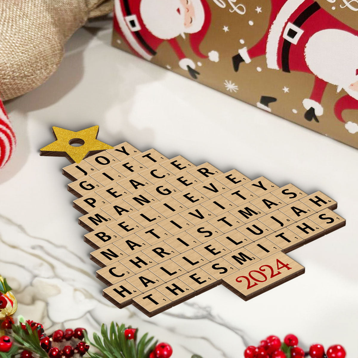 Joy Gift Peace Manger Scrabble Christmas Tree Personalized Wooden Ornament, Custom Family Name, Christmas Gift for Loved Ones