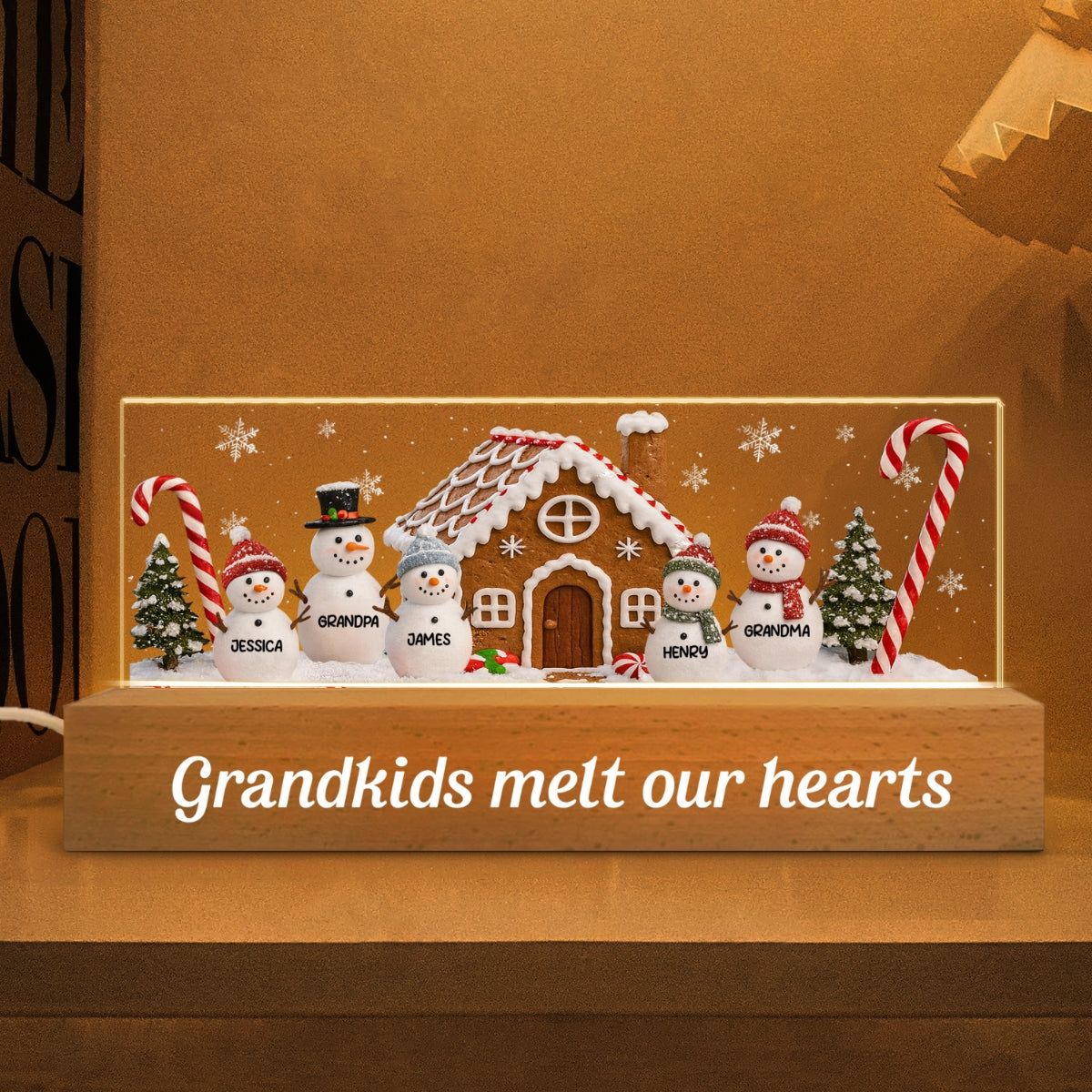 3D Effect Snowman Family Grandparents In Snow - Personalized Acrylic Block LED Night Light - Christmas Decor For Grandma, Family