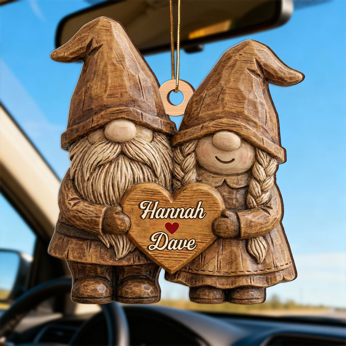 3D Effect Gnome Couple Standing - Personalized Wooden Ornament - Gift For Him, Gift For Her
