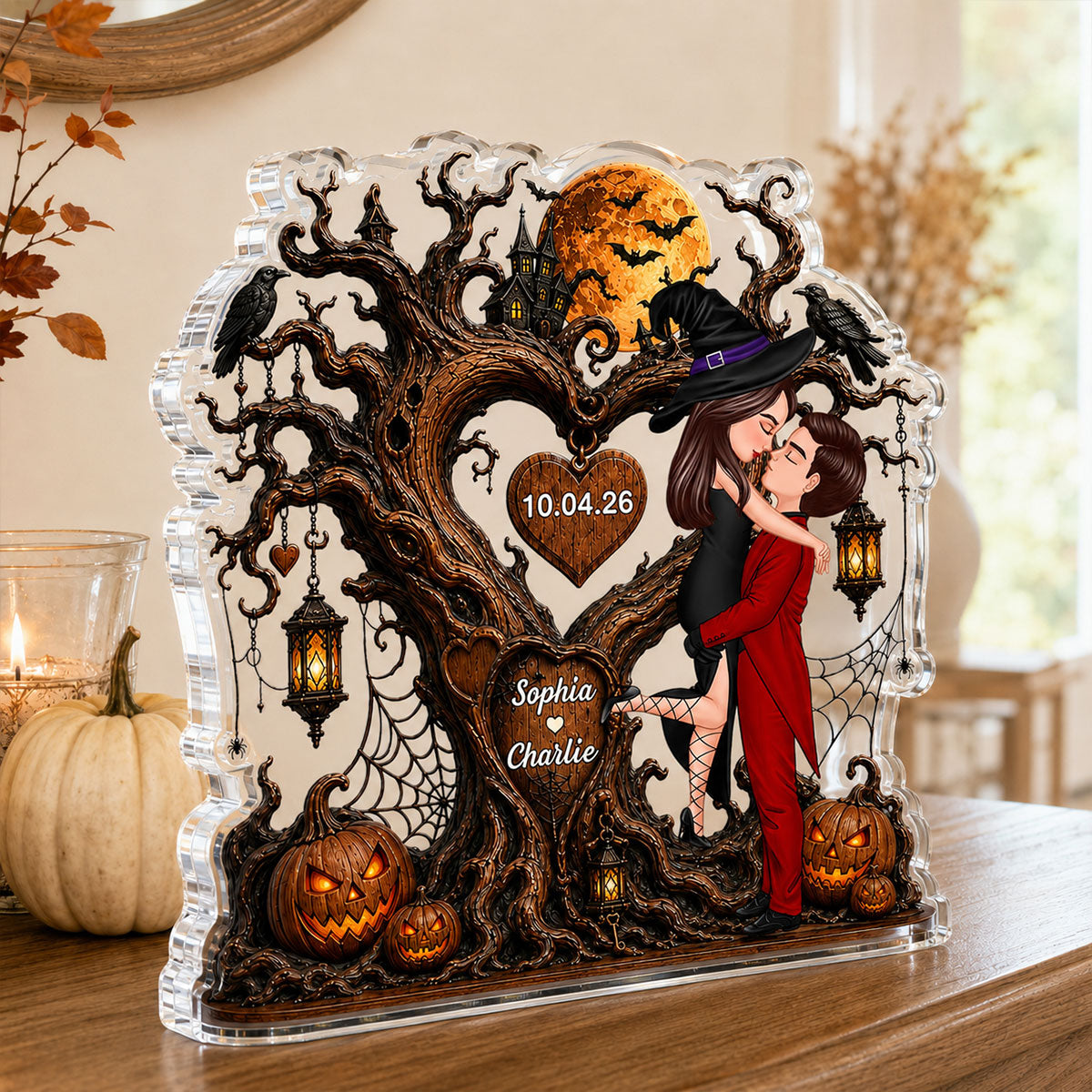 Heart Tree Couple Kissing - Personalized Acrylic Plaque - Halloween Gift For Couple, Him, Her