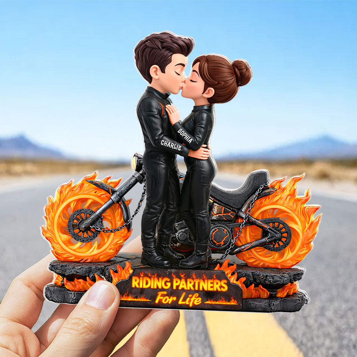 Biker Couple Fire - Personalized Acrylic Block Plaque - Sentimental Gift for Her, for Him