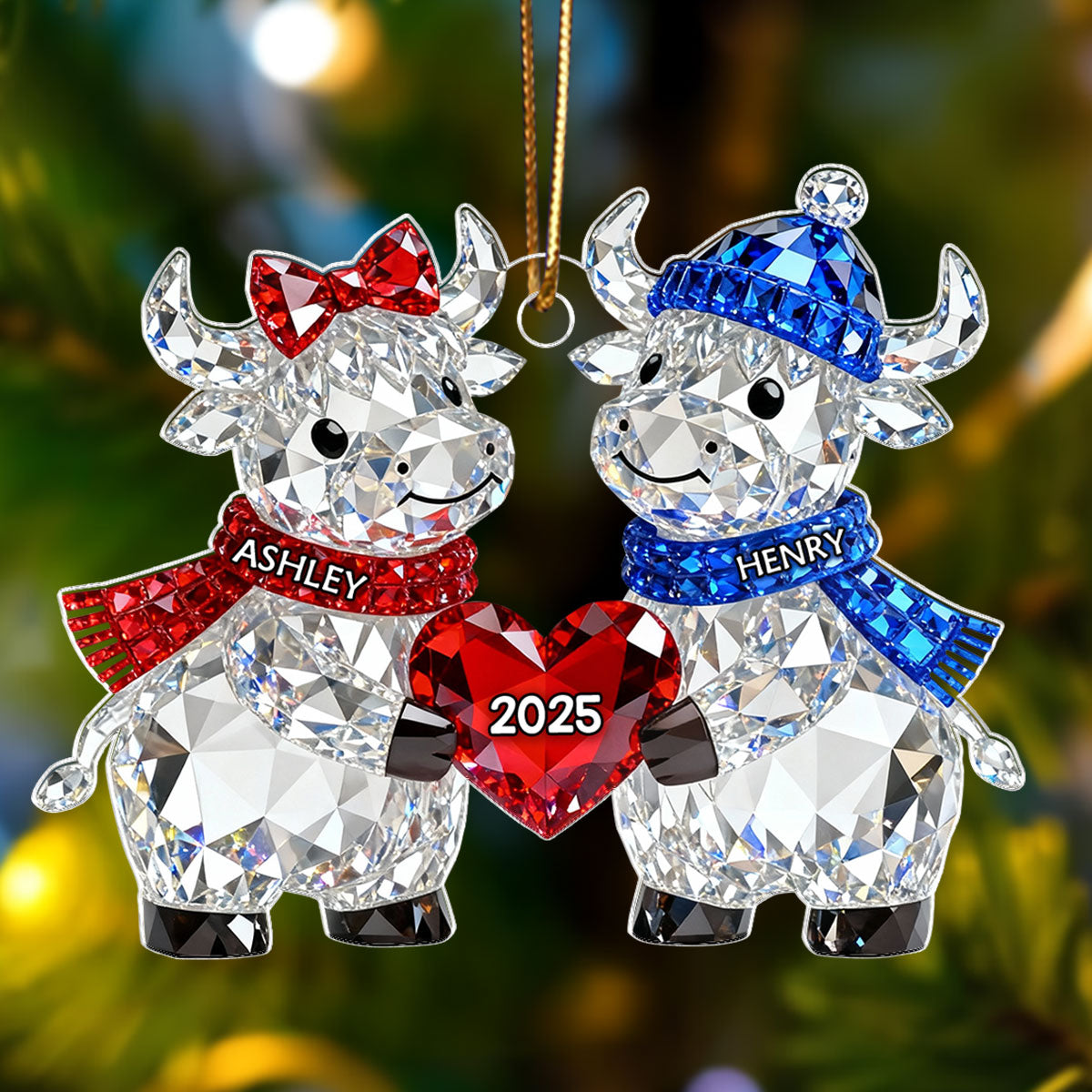 3D Crystal Effect Christmas Highland Cow Couple - Personalized Acrylic Ornament - Heartwarming Christmas Gift for Couple