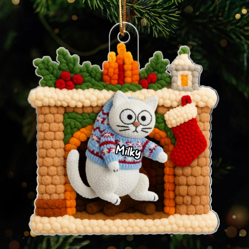 Cat Hanging on Christmas Mantel Fireplace Latch Hook Yarn Faux - Personalized Acrylic Ornament - Christmas Gift for Cat Lovers