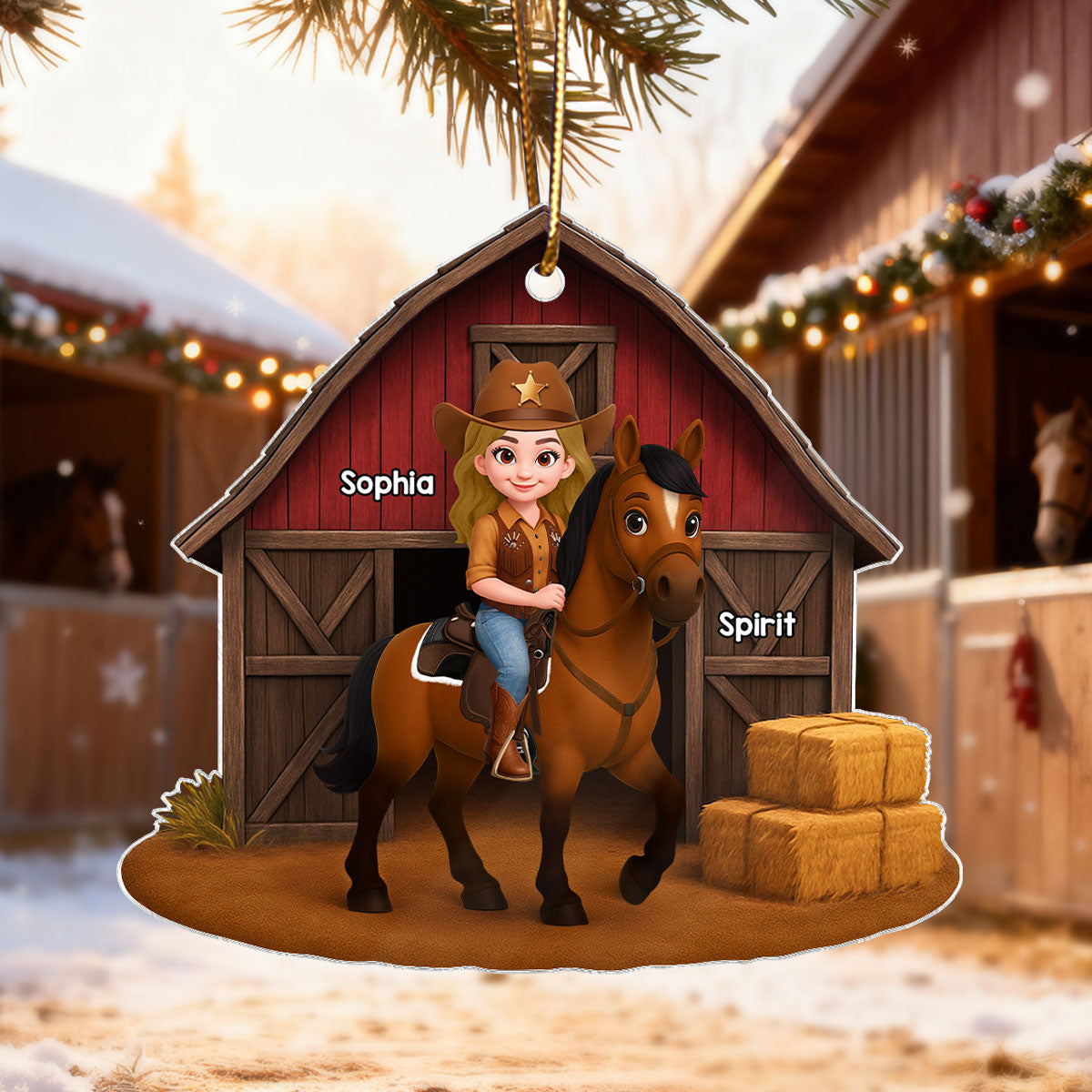 Country Girl And Horse Red Barn 3D Effect - Personalize Acrylic Ornament