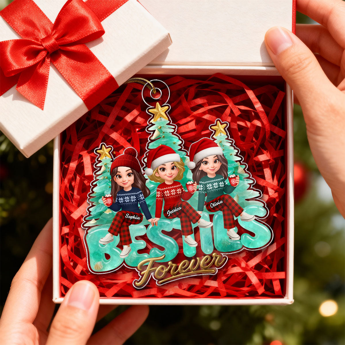 3D Sea Glass Effect Christmas Tree Besties Forever - Personalized Acrylic Ornament - Gift For Best Friends