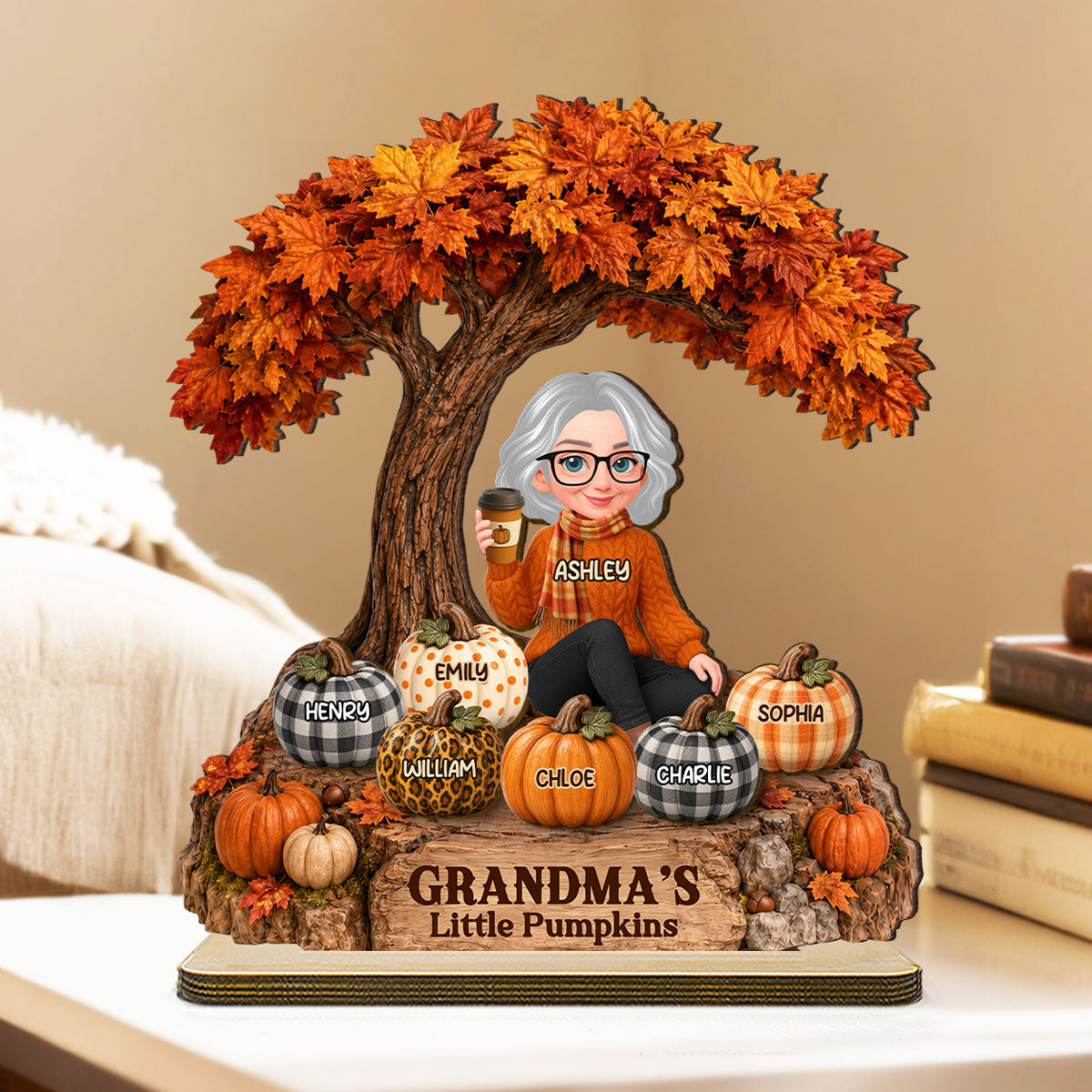 Fall Season Tree Grandma's Little Pumpkins - Personalized 2-Layered Wooden Plaque - Fall Decor For Grandma