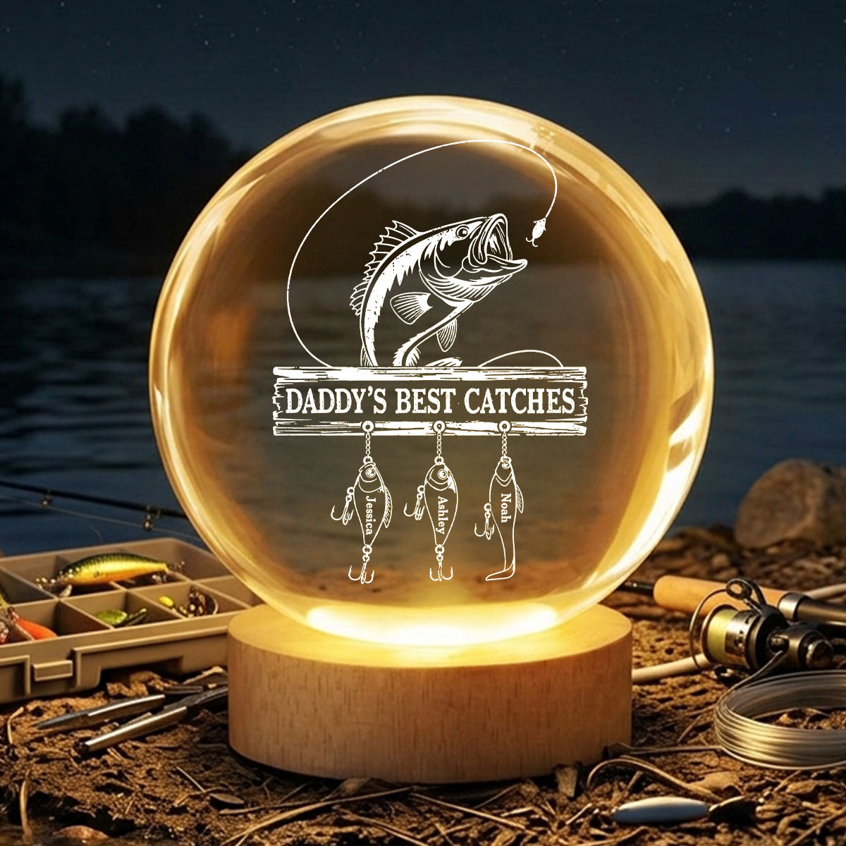 Daddy Grandpa Best Catch Fishing - Personalized Crystal Ball LED Night Light - Heartfelt Gift For Dad, Gift For Grandpa