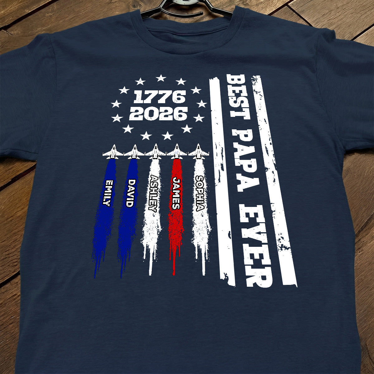 Best Dad Grandpa Ever Jets Smoke Custom Kid Name - Personalized Shirt - American 250th Anniversary Keepsake For Husband, Dad, Grandpa