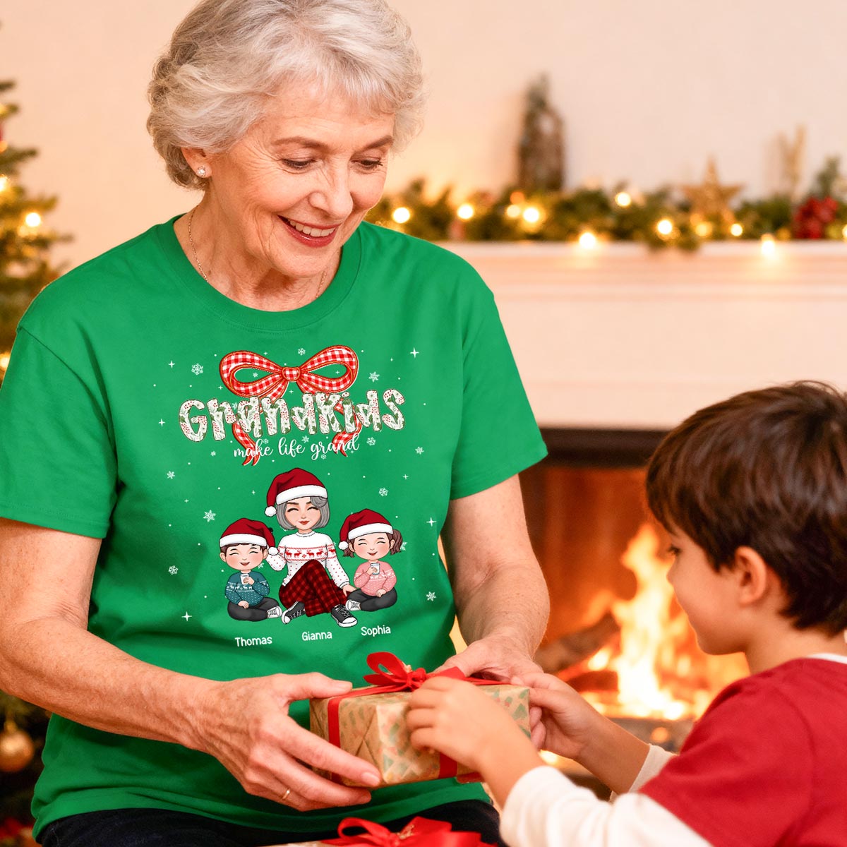 Grandkids Make Life Grand Coquette Floral Christmas Pattern - Personalized Shirt