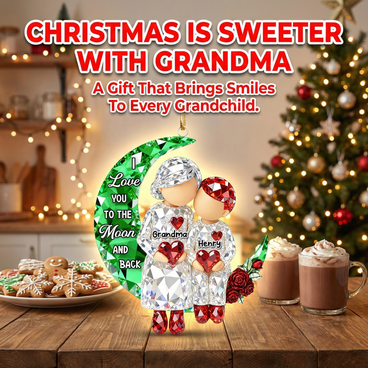3D Crystal Effect Grandma Grandpa Grandkid Sitting on Moon  - Personalized Acrylic Ornament - Christmas Gift for Grandma, Grandkids