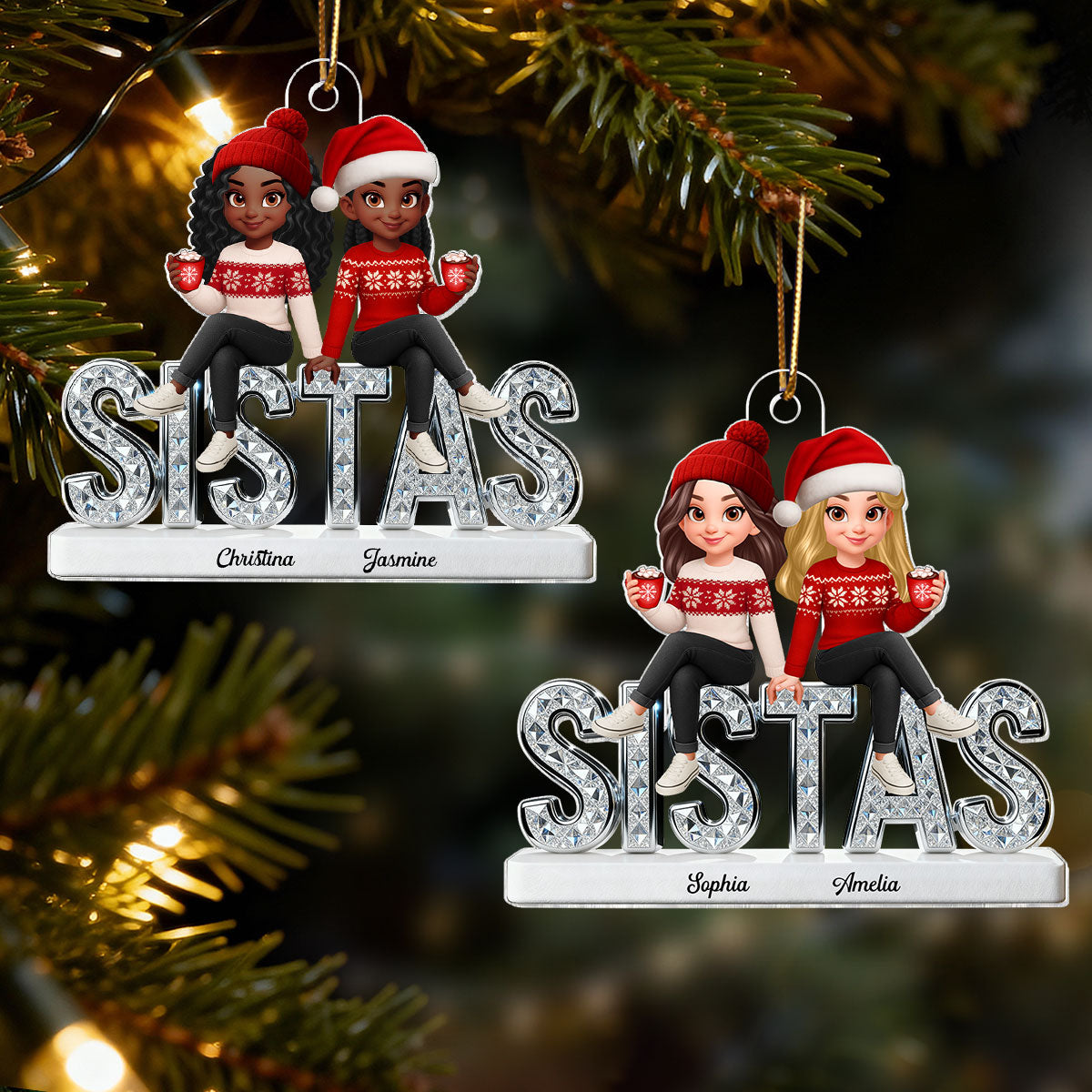 3D Shining Effect Sistas - Personalized Acrylic Ornament - Christmas Gift For Sisters