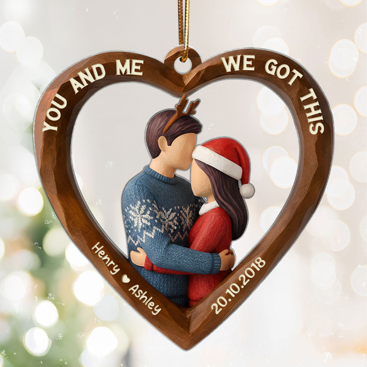 3D Effect Wooden Couple You & Me We Got This - Personalized Acrylic Ornament - Christmas Gift for Couples