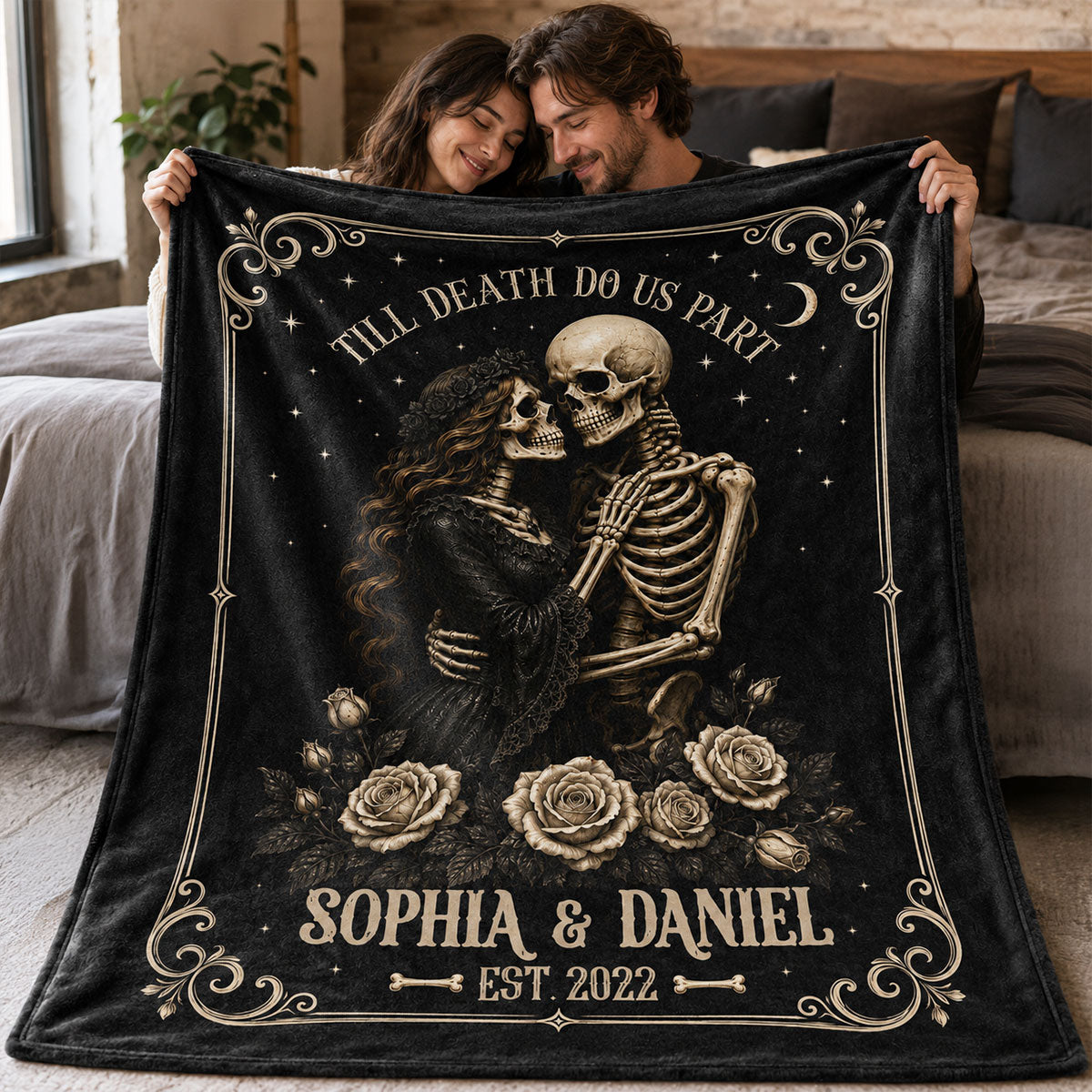 Skeleton Couple Till Death Do Us Part - Personalized Fleece Blanket - Spooky Goth Couple Halloween Gift