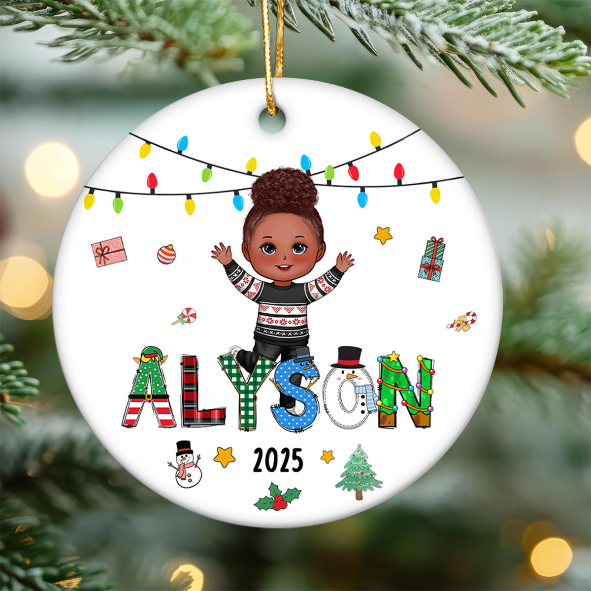 Christmas Theme Cute Doll Kid Name - Personalized Ceramic Ornament - Gift For Grandchildren, Boy, Girl