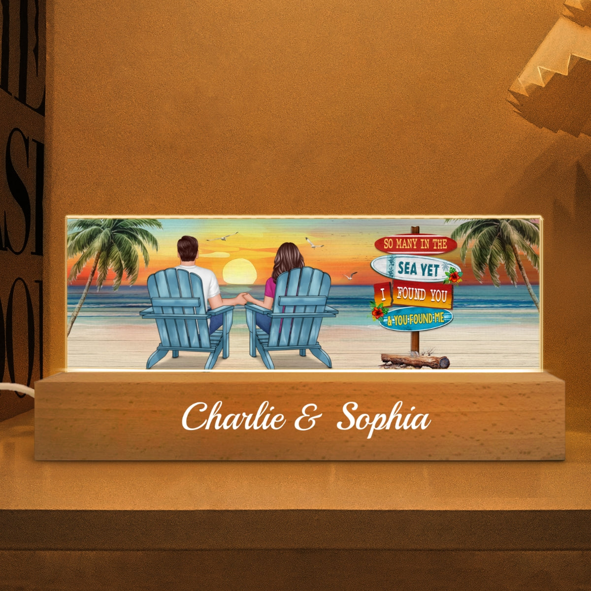 Summer Couple Sitting Be Happy Personalized Acrylic Block LED Night Light, Anniversary Gift For Him, Gift For Her, For Husband, For Wife