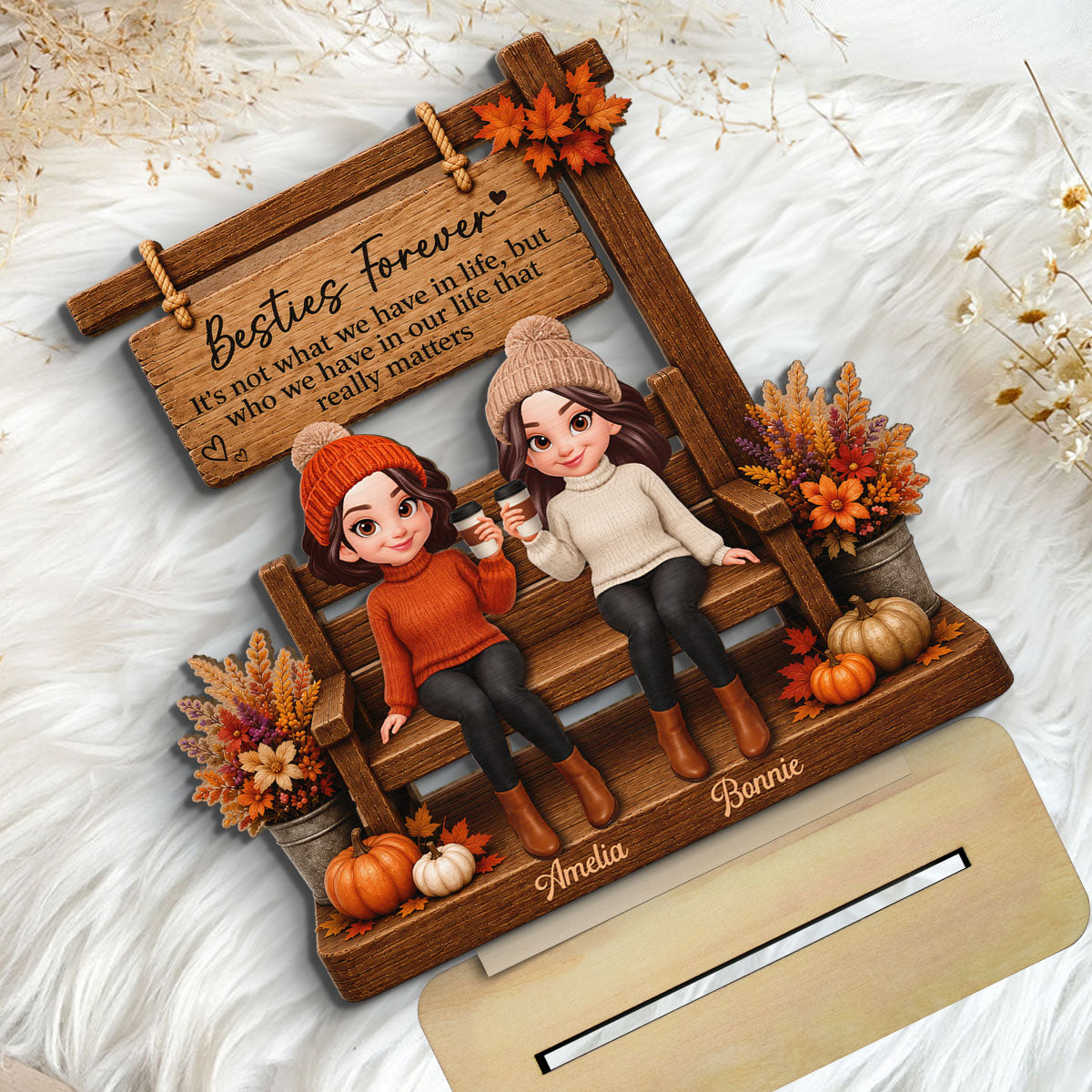 Fall Season Besties Under Sign Post 2D Flat - Personalized Wooden Plaque