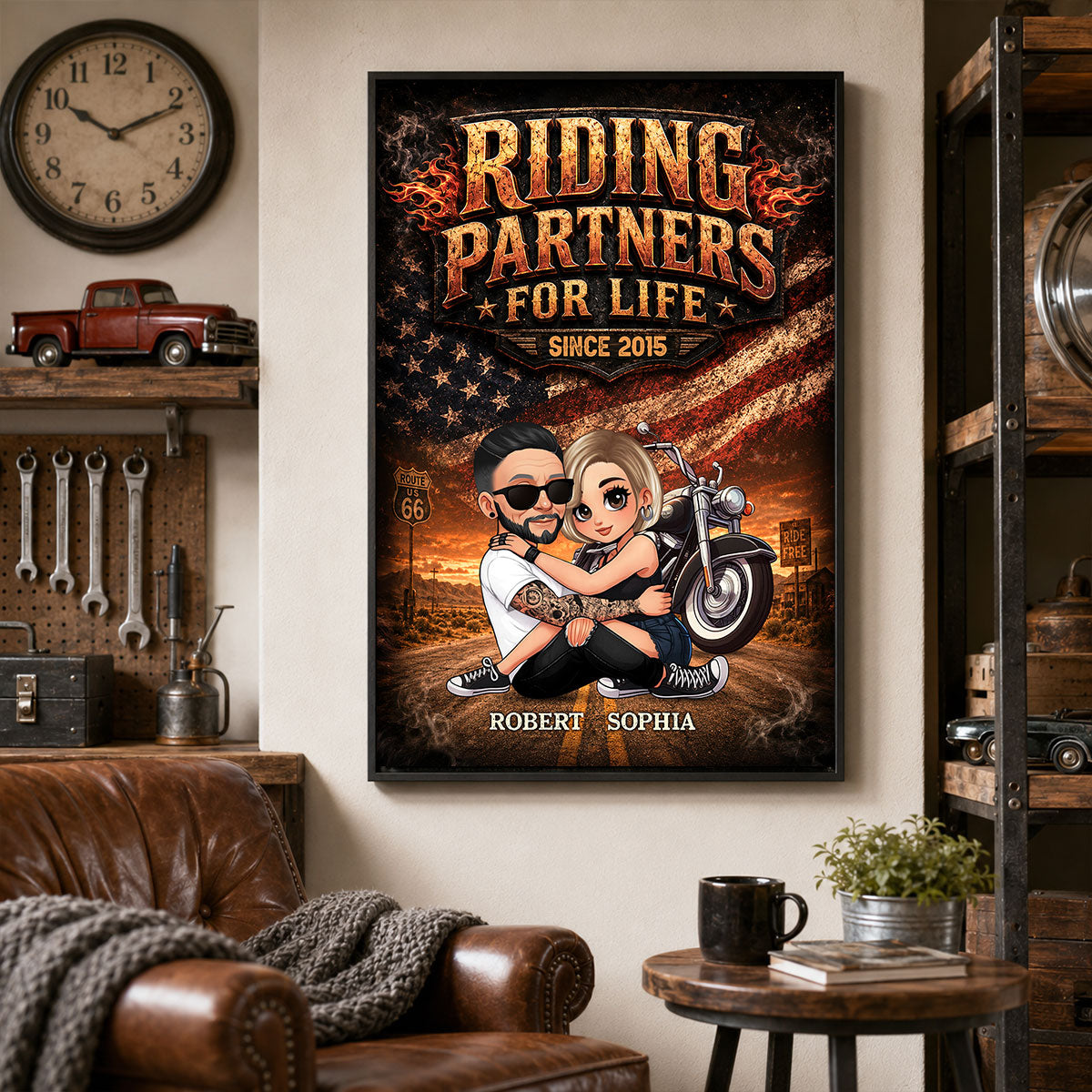 Bikers Couple Riding Partners for Life Nation Flag - Personalized Poster - Gift for Him, for Her