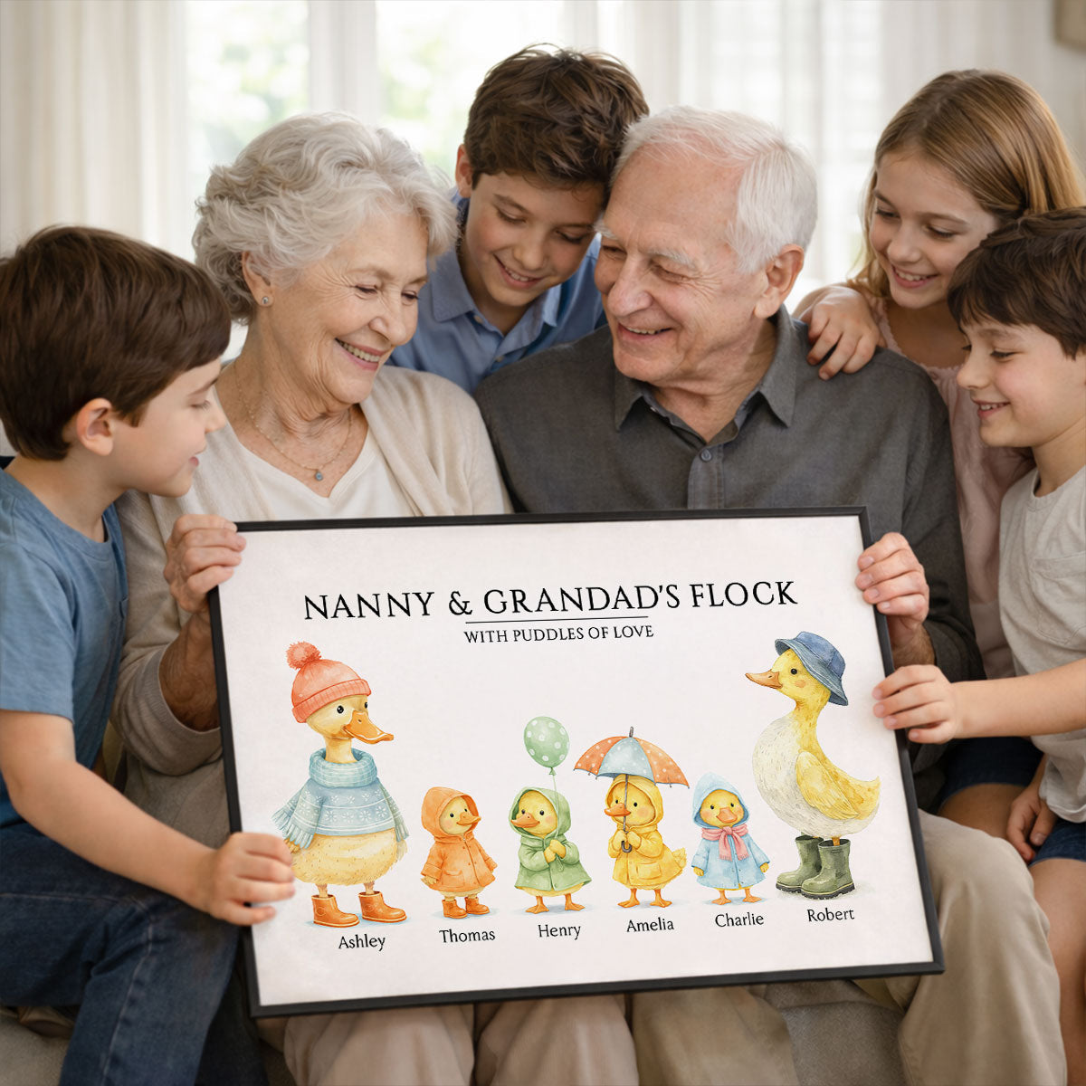 Grandparents Grandad Grandma's Flock with Puddles of Love - Personalised Poster - UK Father's Day Gift for Grandpa