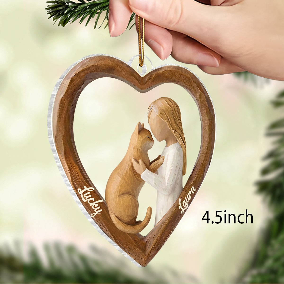 A Girl and Her Cat 3D Wooden Effect - Personalized Acrylic Ornament – Custom Girl and Cat, Keepsake Christmas Gift for Cat Moms