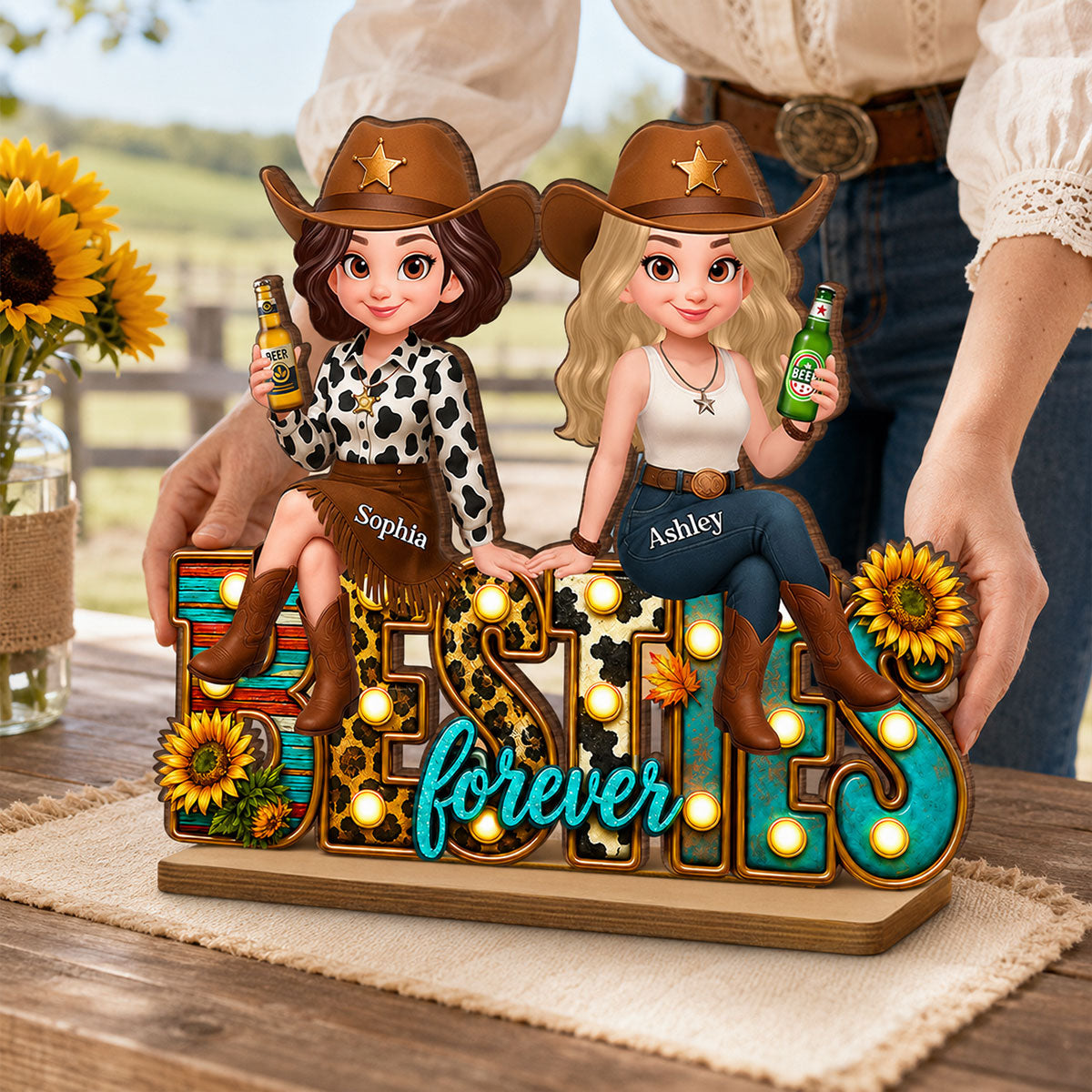 Western Besties Leopard Checkered - Personalized 2-Layered Wooden Plaque - Gift for Best Friends