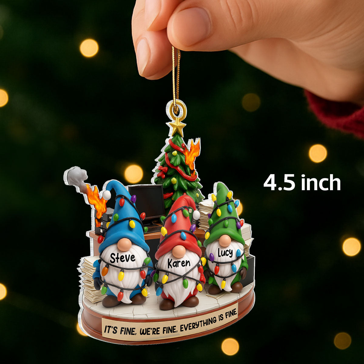 Office Chaos It's Fine We're Fine Gnome - Personalized Acrylic Ornament - Christmas Gift for Coworkers, White Elephant, Secret Santa Gift